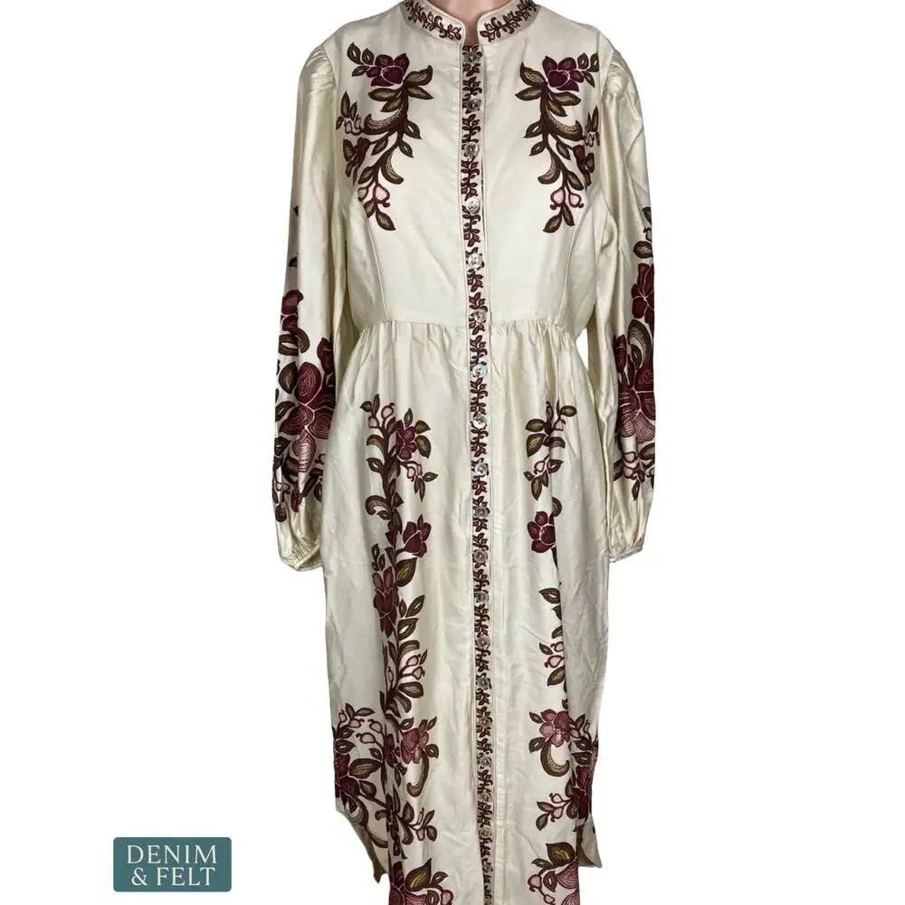 NEW Farm Rio Renata Floral Sand Midi Dress Lyocell Button Front Embroidered MED - Picture 6 of 16